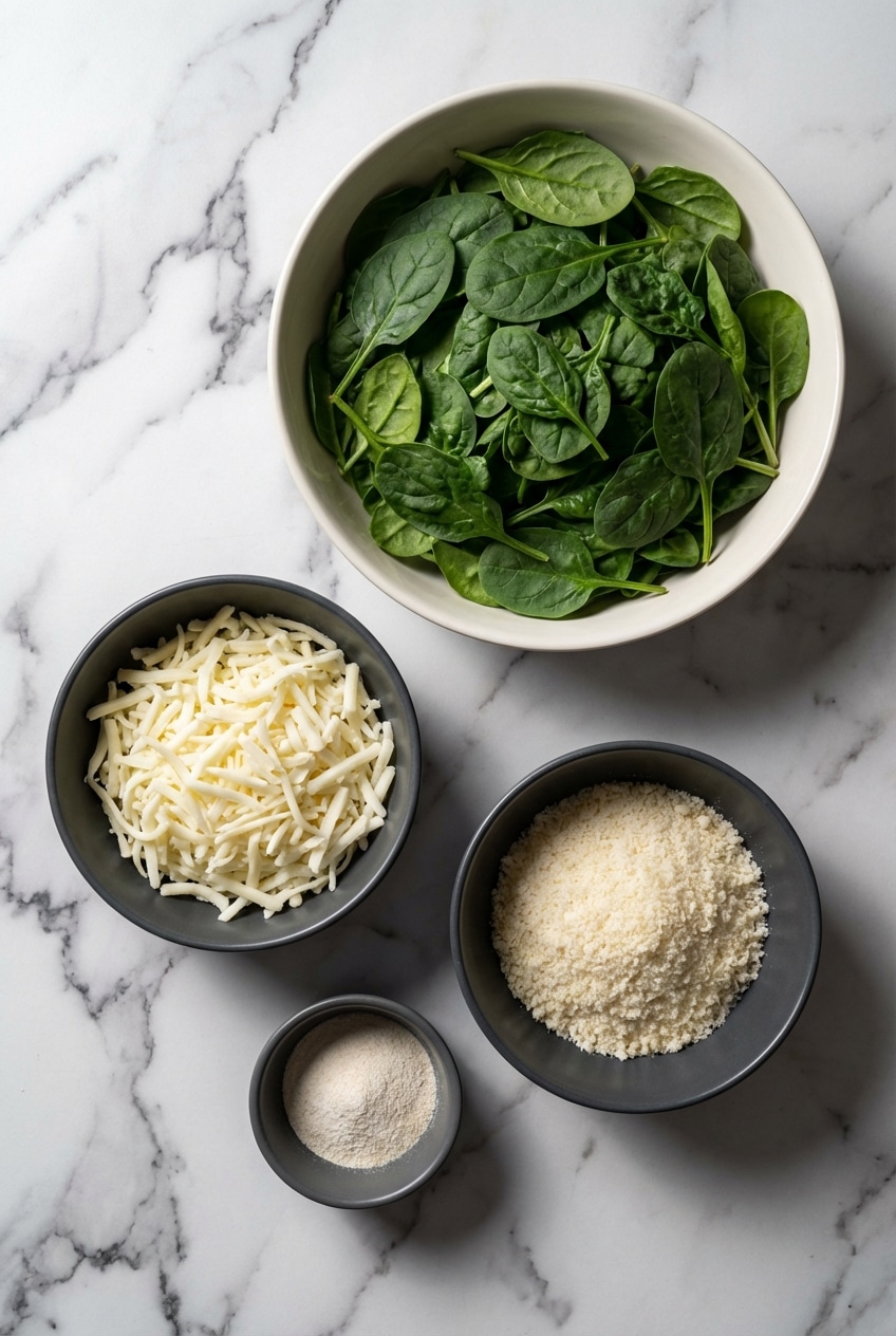 Overhead view of spinach dip cheese crisps ingredients including cream cheese, mozzarella, and garlic powder.