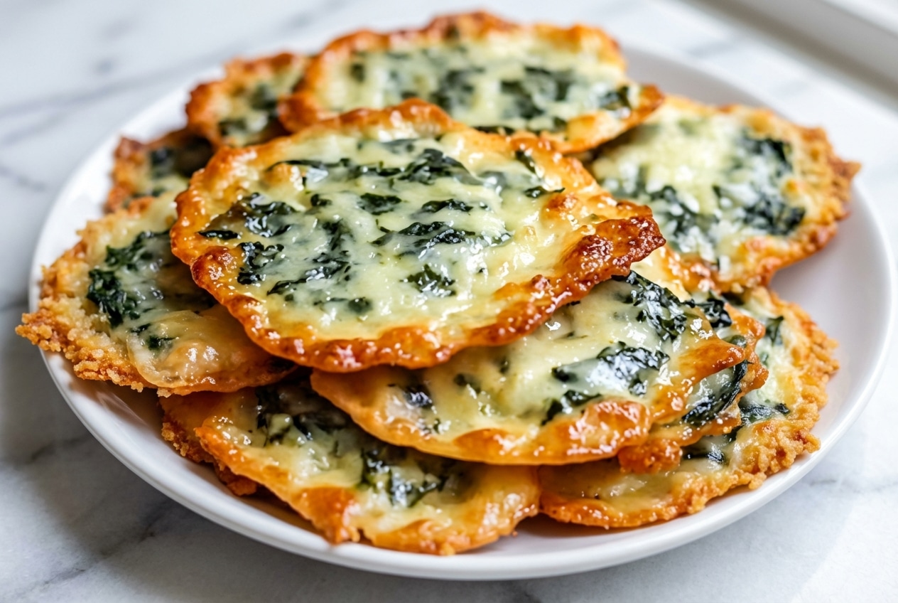 Golden spinach dip cheese crisps featuring a crispy Parmesan-panko crusted base on a serving platter.