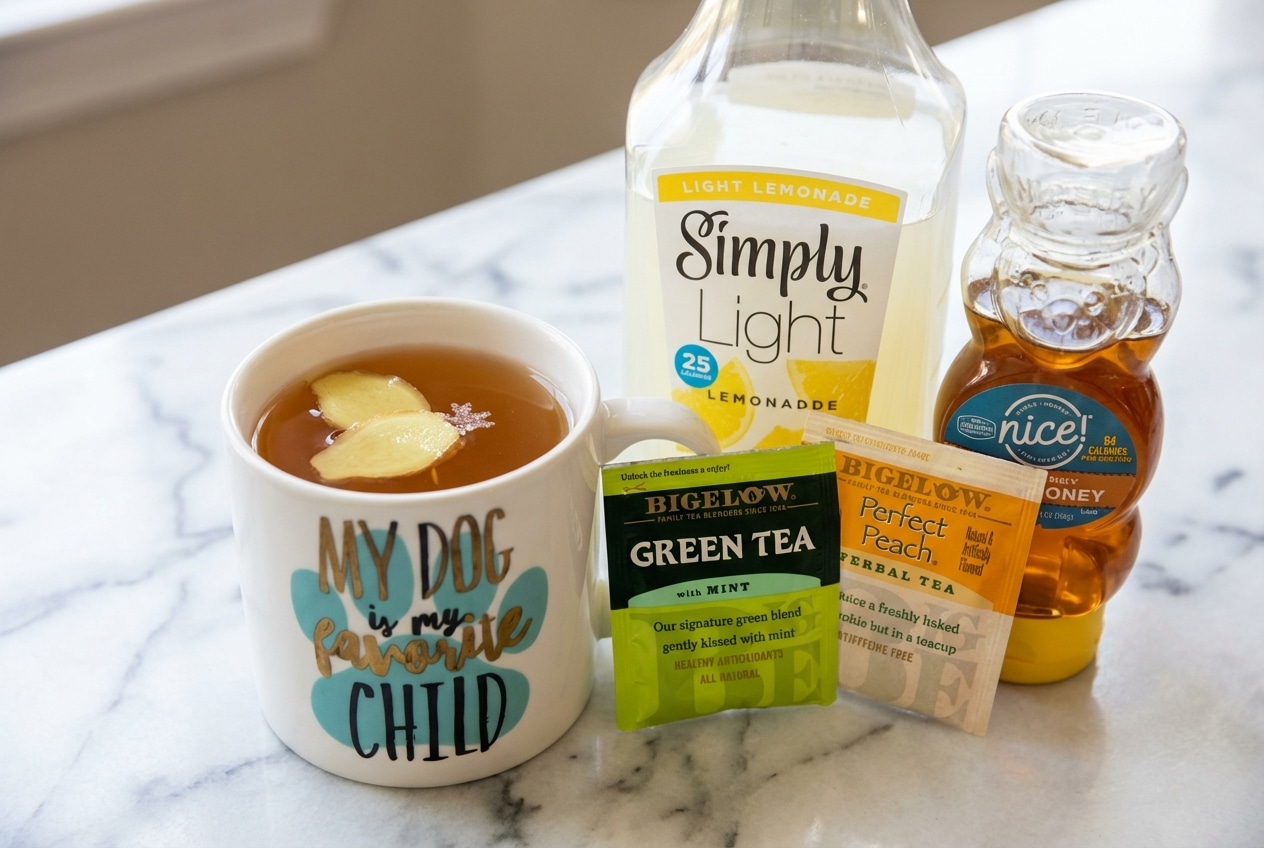 Steaming starbucks medicine ball recipe in a mug infused with fresh ginger slices and a pinch of sea salt.