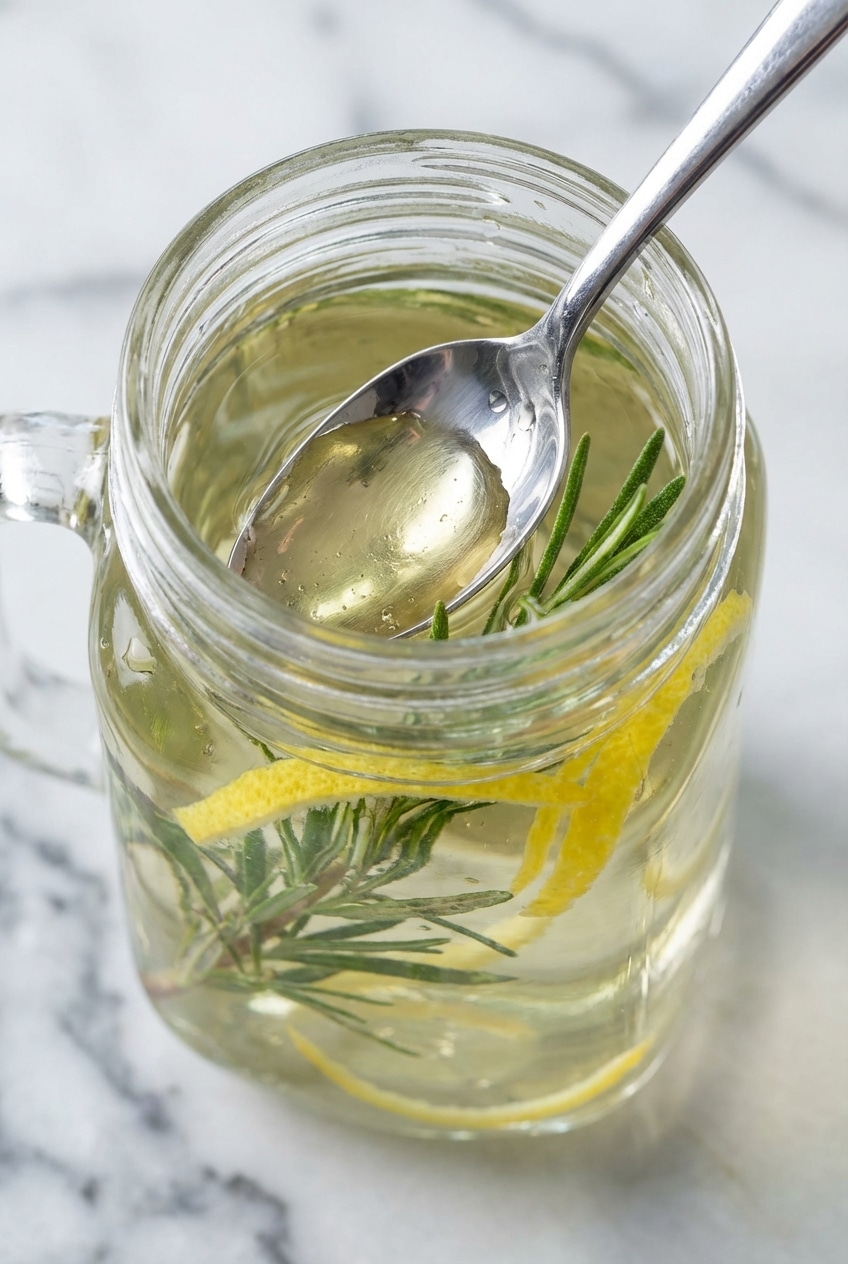 Pouring steaming lemon-zested water over bruised herbs to begin the steeping process for a fragrant rosemary tea recipe.