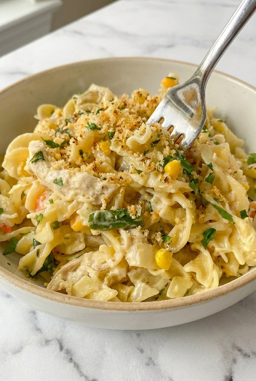 A rich cream sauce clinging to noodles in a skillet, demonstrating the perfect base for this chicken pot pie pasta recipe.