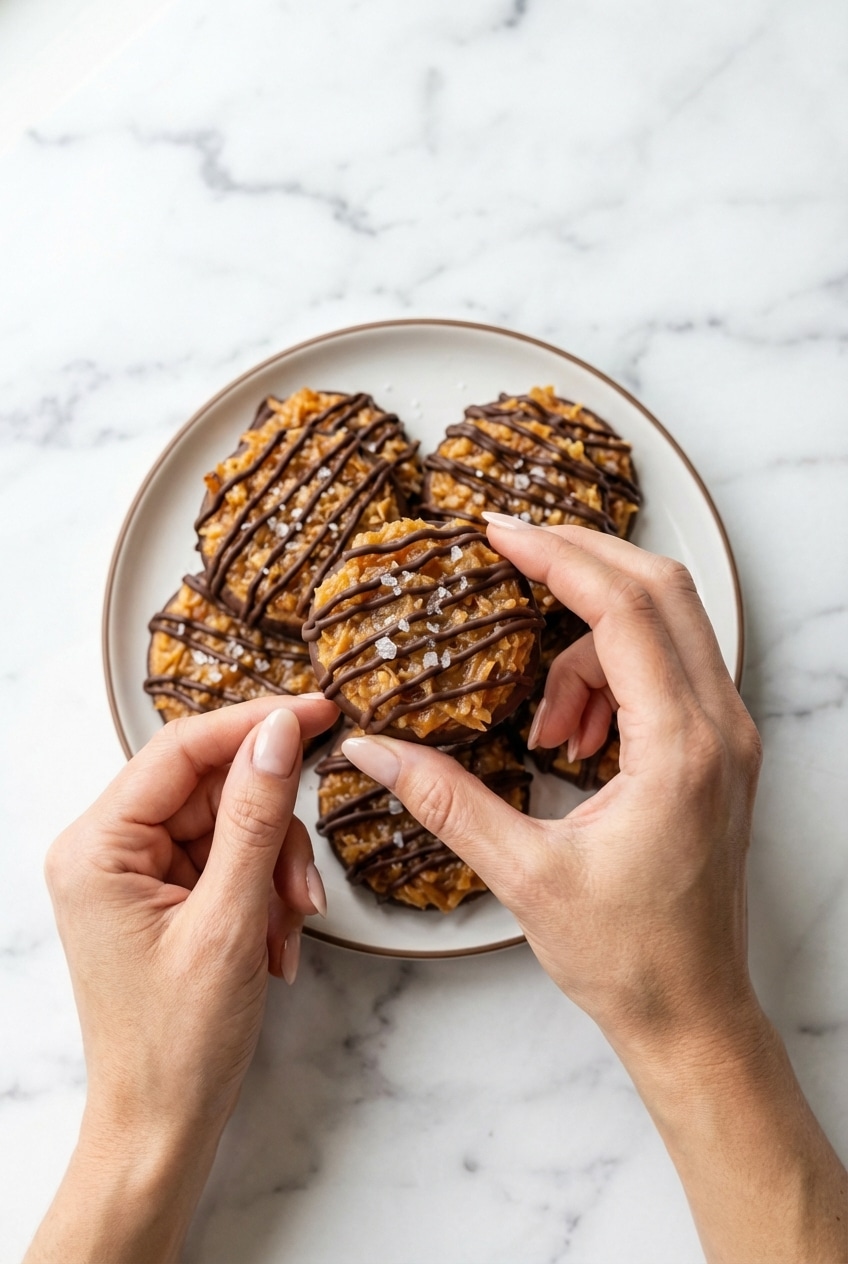 A stack of No Bake Samoa Cookies arranged on a serving plate for a casual dessert.