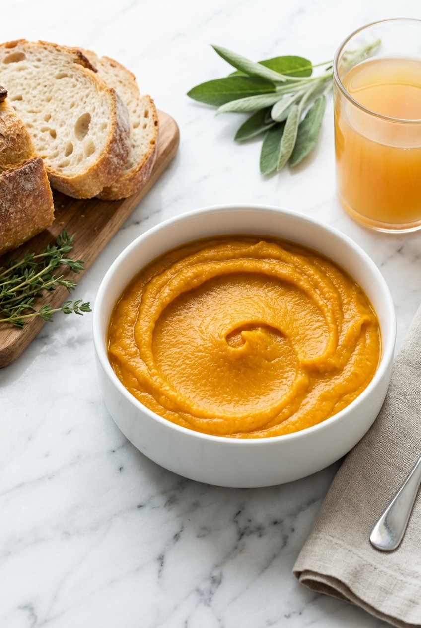 Mason jars filled with fresh pumpkin puree stored on a kitchen counter for seasonal meal prep.