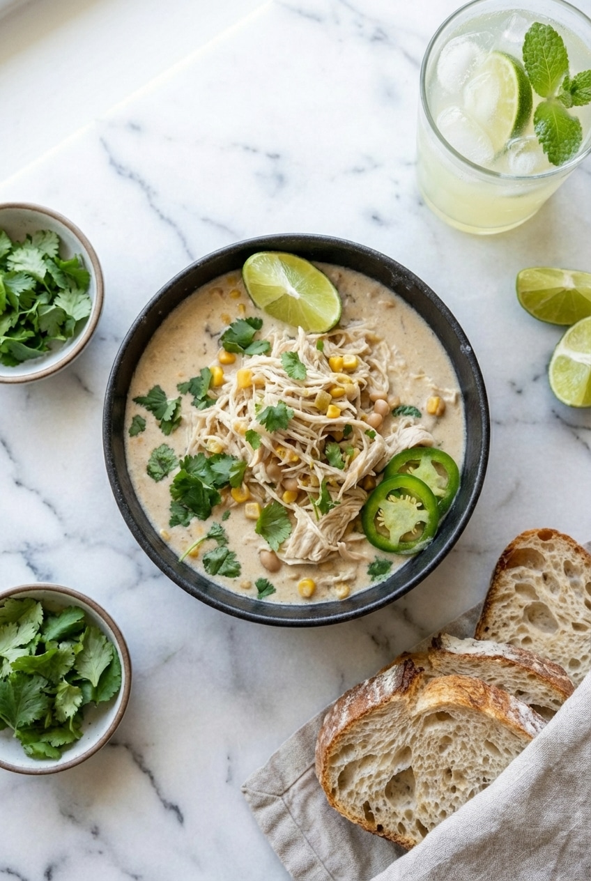 White chicken chili slow cooker leftovers in meal prep containers with fresh cilantro and lime garnish.