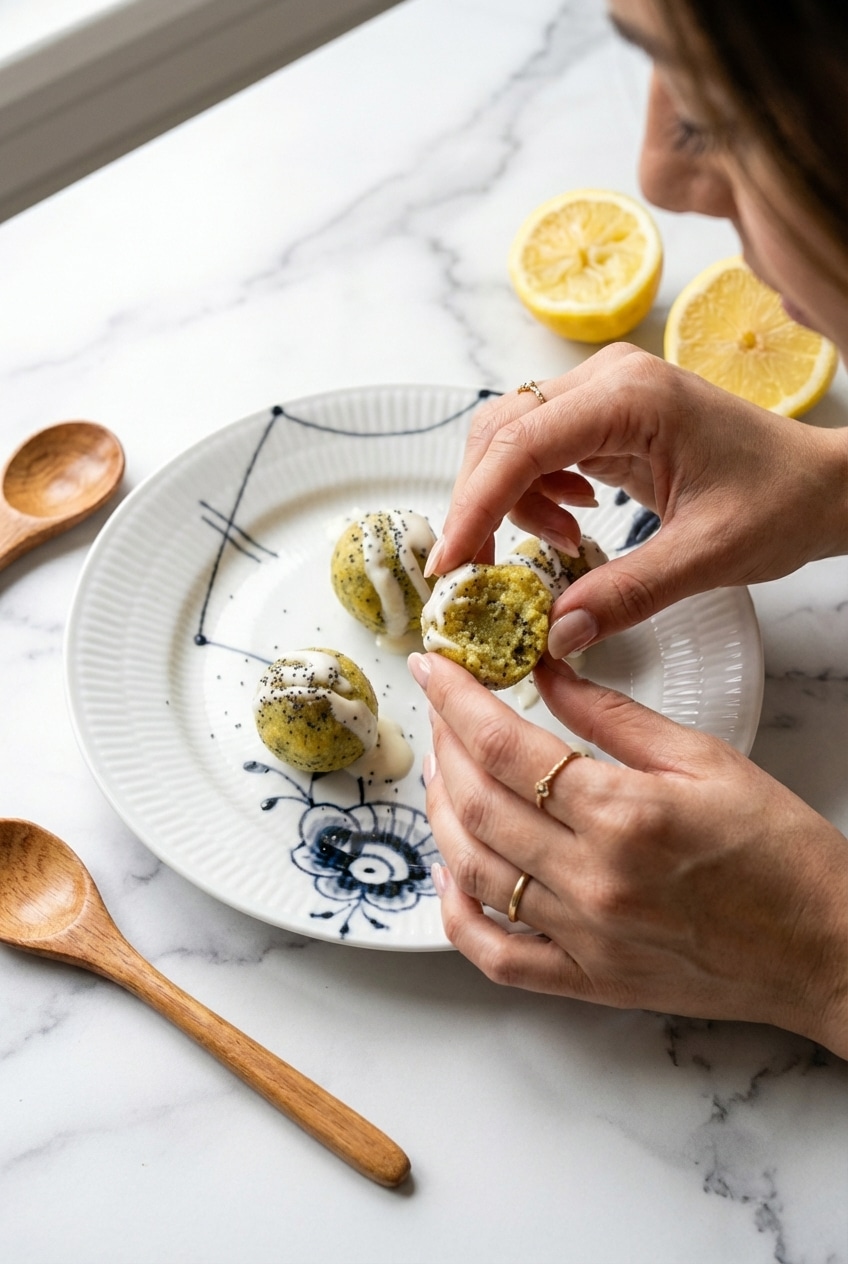 A glass meal prep container filled with fresh Lemon Poppyseed Energy Bites ready for the fridge.