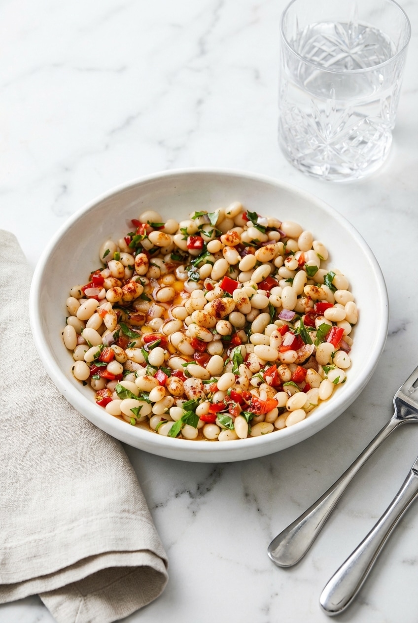 A glass container of marinated white beans ready for a week of healthy Mediterranean diet meal prep.