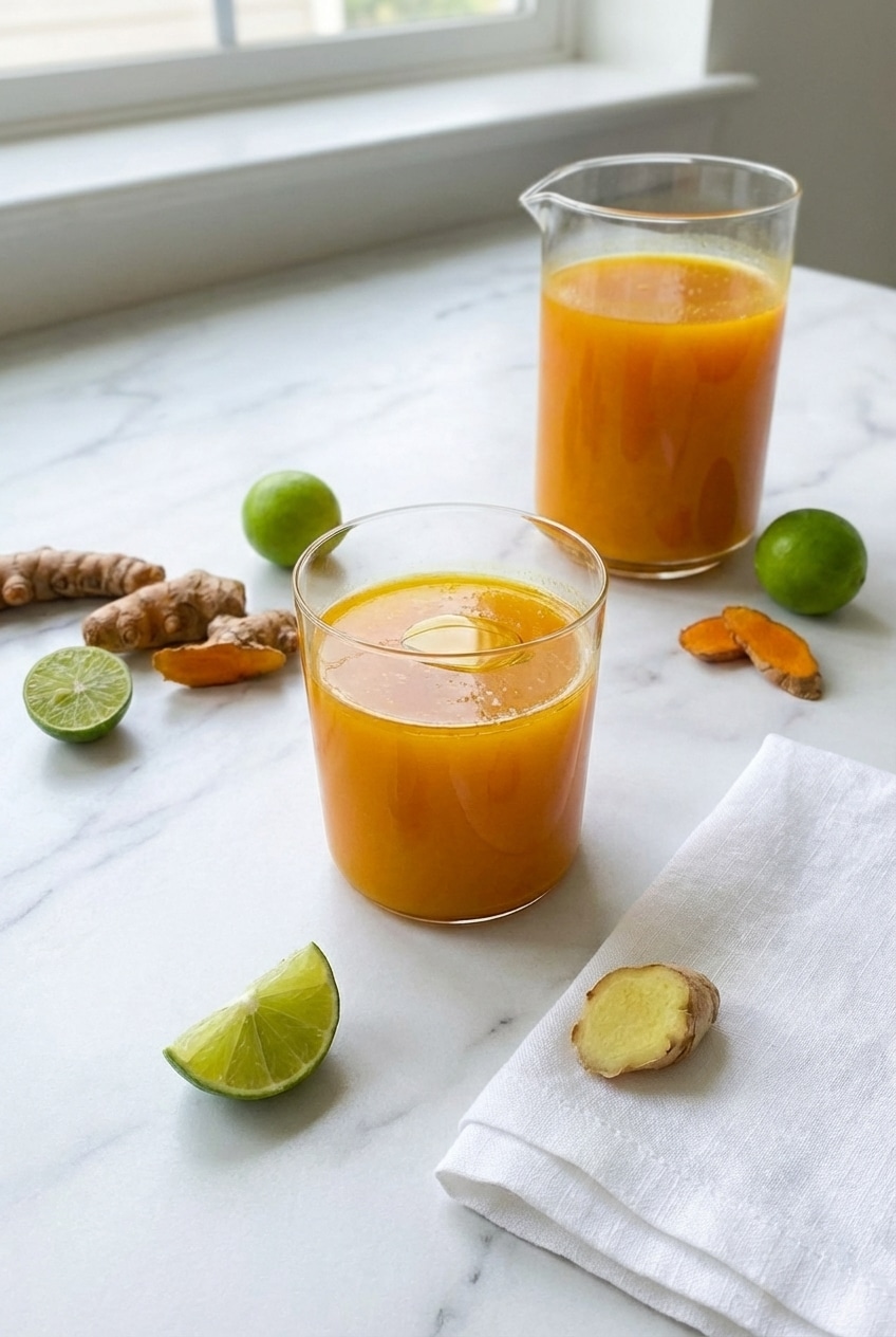 Straining the jamu juice recipe through a fine-mesh sieve into a glass storage bottle.