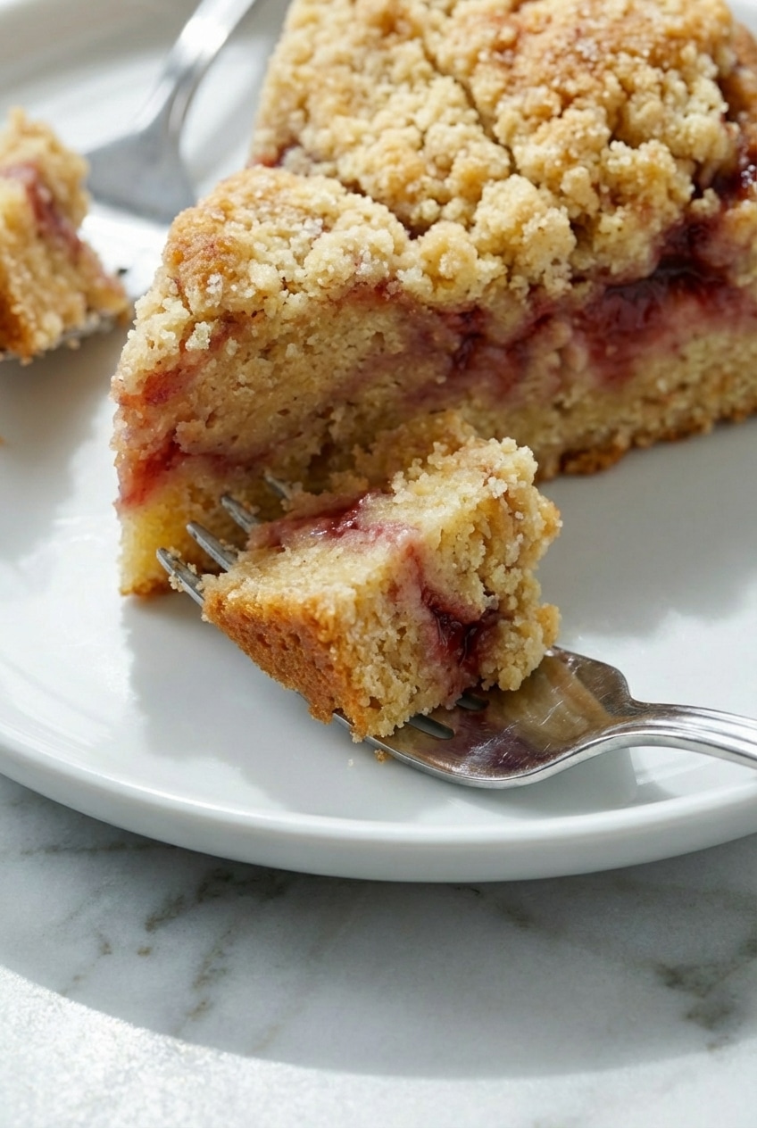 Close up texture of strawberry sour cream cake showing the distinct red fruit swirl against the yellow crumb.
