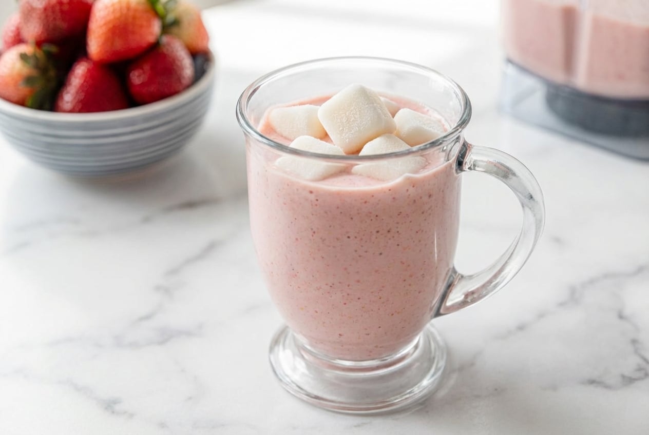 A tall glass of creamy strawberry banana smoothie, made extra frosty and thick using the frosted milk cube technique.
