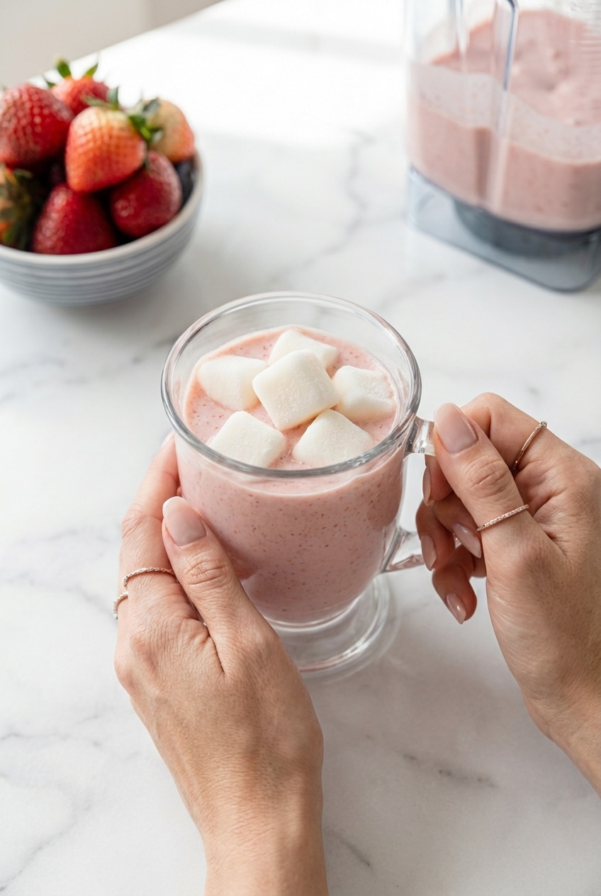 A finished strawberry banana smoothie served in a glass on a kitchen counter, ready for a quick and healthy breakfast.
