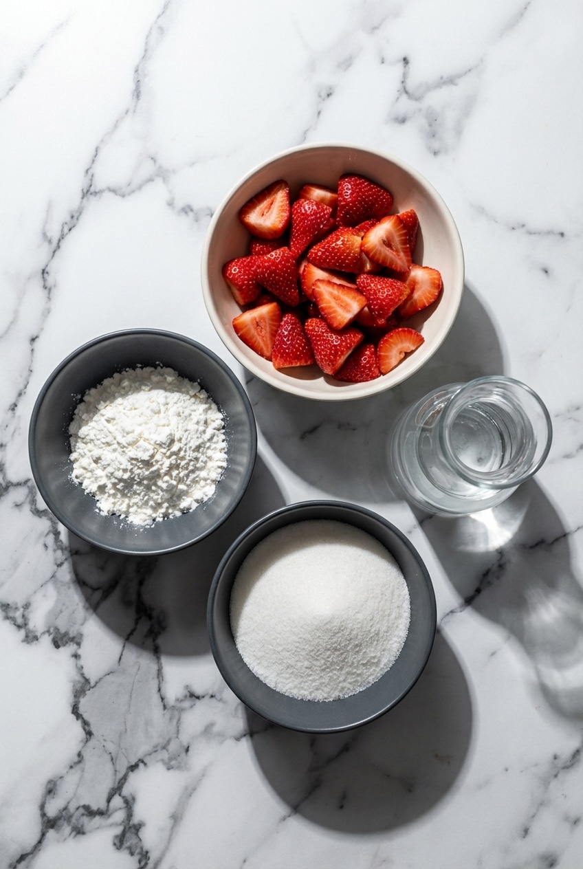 Flat lay of fresh strawberries, lemon, cornstarch slurry, and vanilla bean paste for strawberry cake filling.