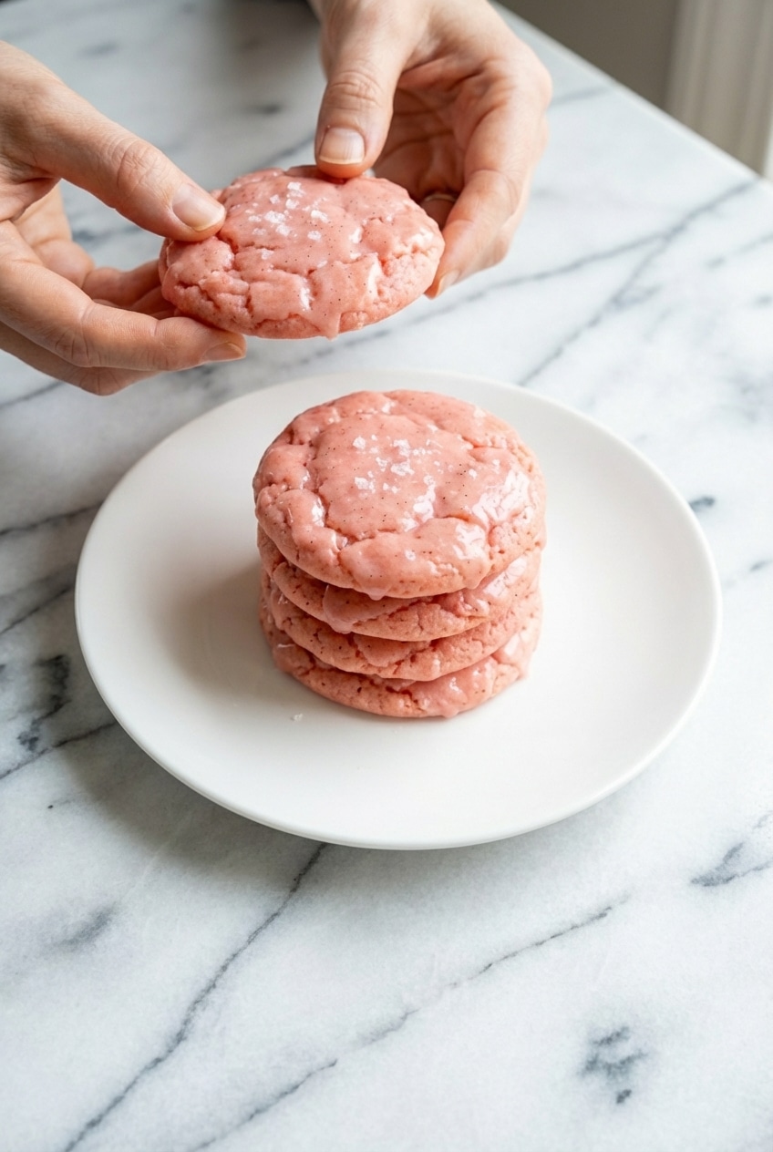 A stack of strawberry cake mix cookies cooling on a wire rack before being placed in an airtight container.