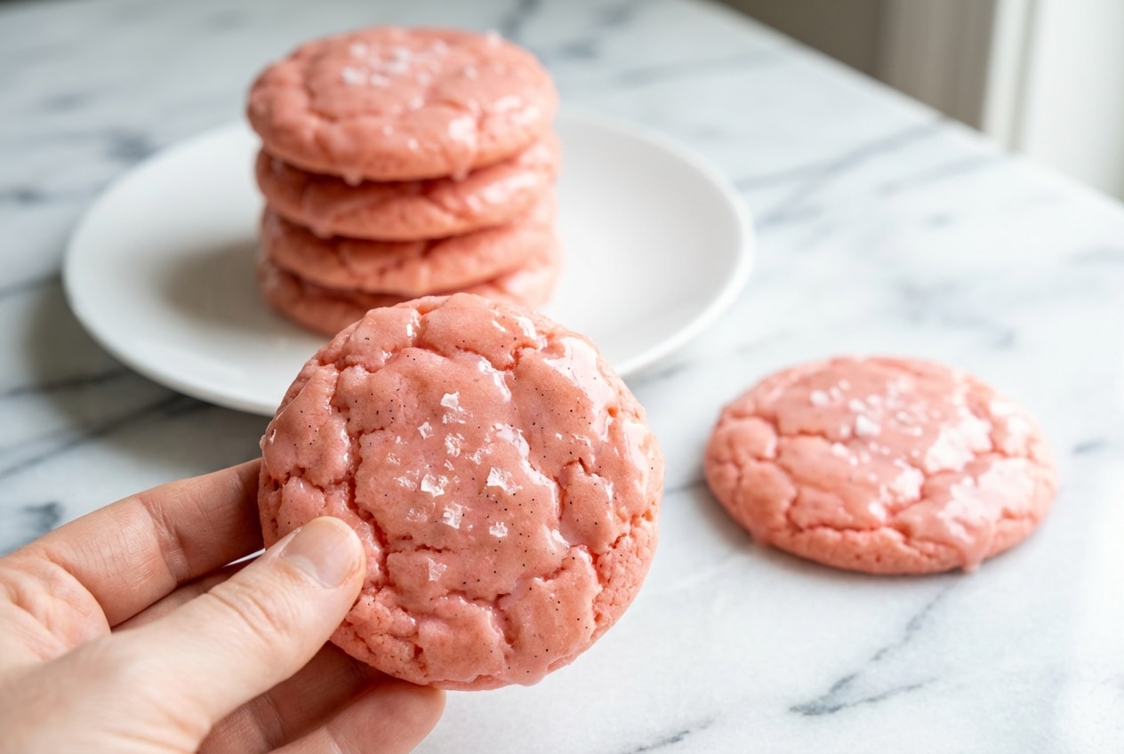 Soft strawberry cake mix cookies with white chocolate chips, enhanced with vanilla and a pinch of sea salt.