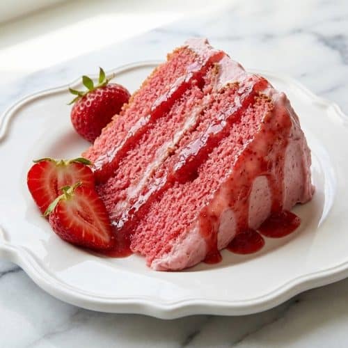 Slice of strawberry cake mix recipe showcasing the vibrant color from the concentrated strawberry reduction twist.