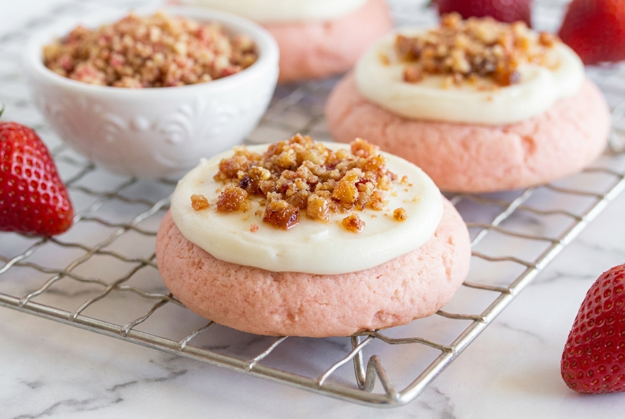 Strawberry crunch cookies topped with nutty brown butter strawberry crunch and creamy frosting.
