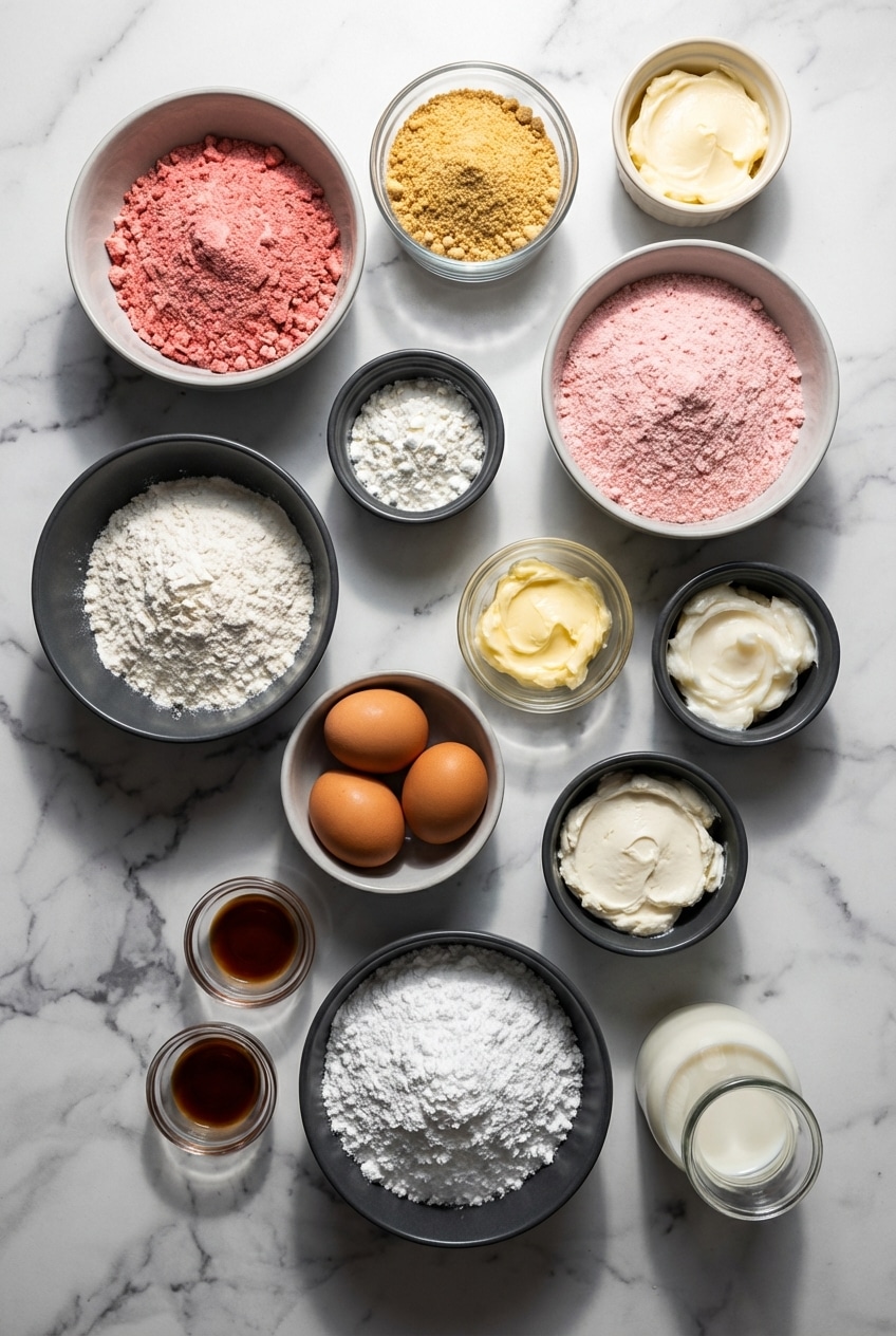 Flat lay of strawberry crunch cookies ingredients including Golden Oreos, freeze-dried strawberries, and cake mix.