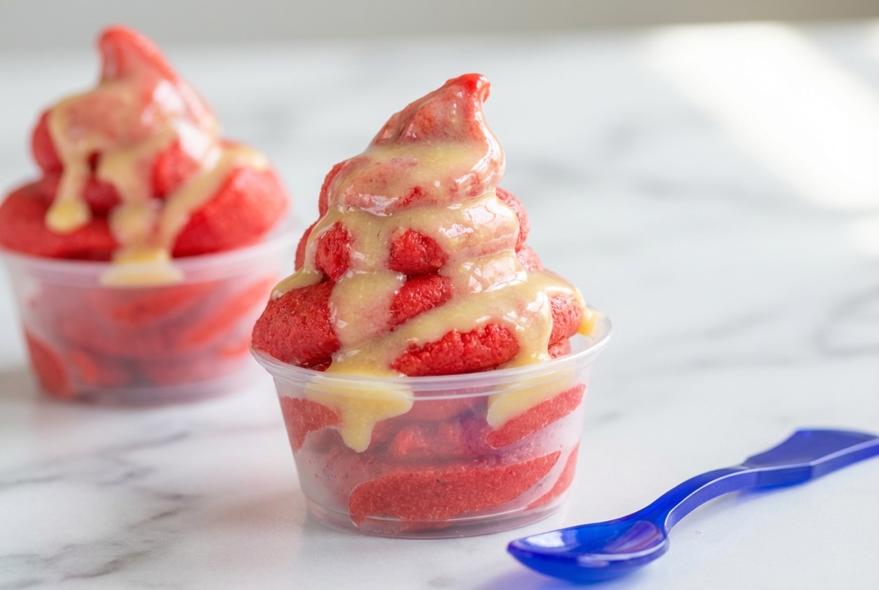 Swirled pink strawberry dole whip showing a silky coconut-pineapple emulsion texture in a glass bowl.