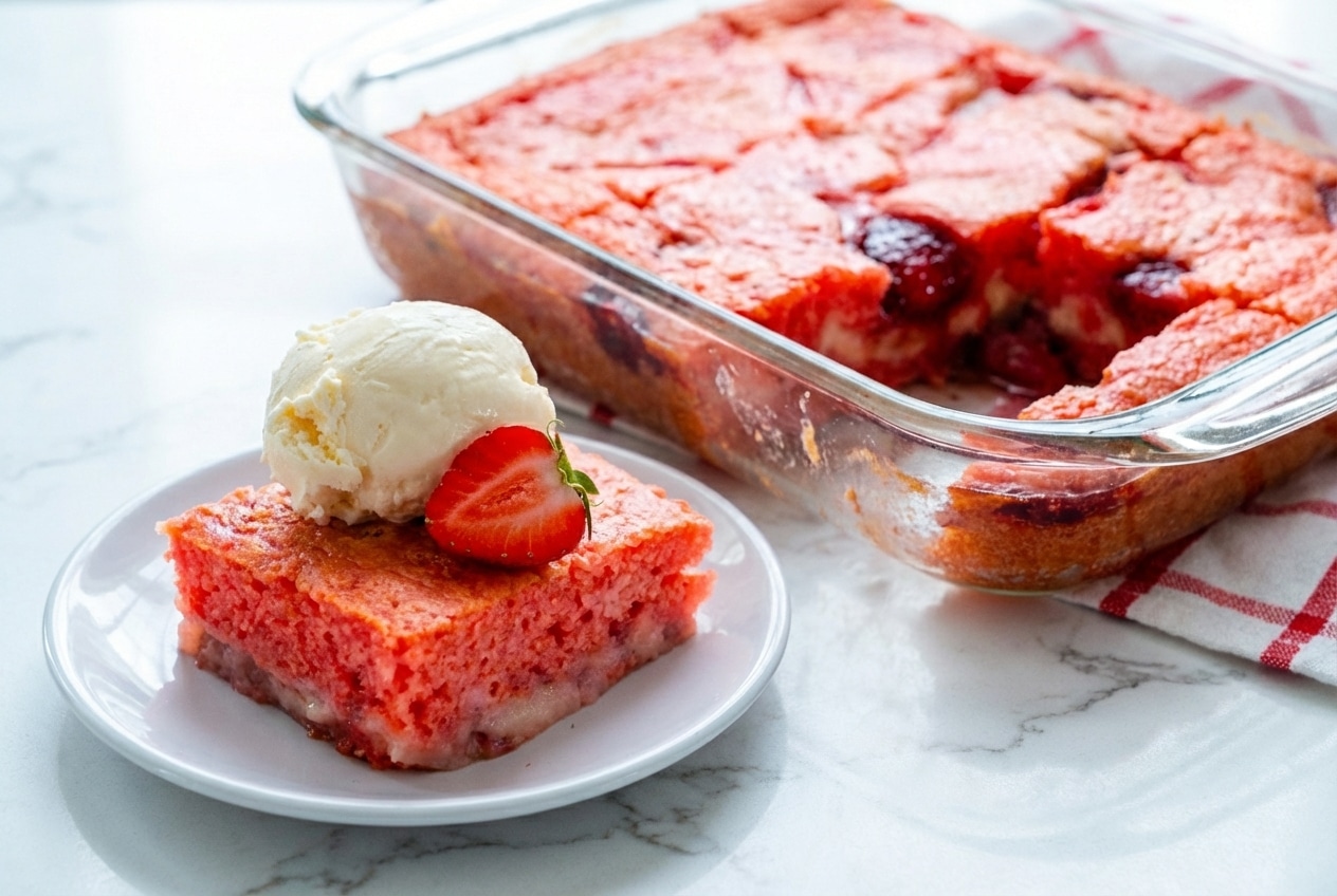 Strawberry Earthquake Cake with balsamic-macerated strawberries and a gooey cream cheese swirl in a baking dish.