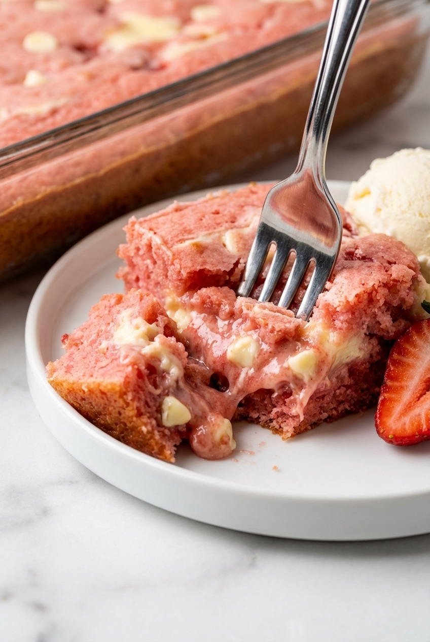Close up of Strawberry Earthquake Cake showing the cracked surface and molten cream cheese pockets.