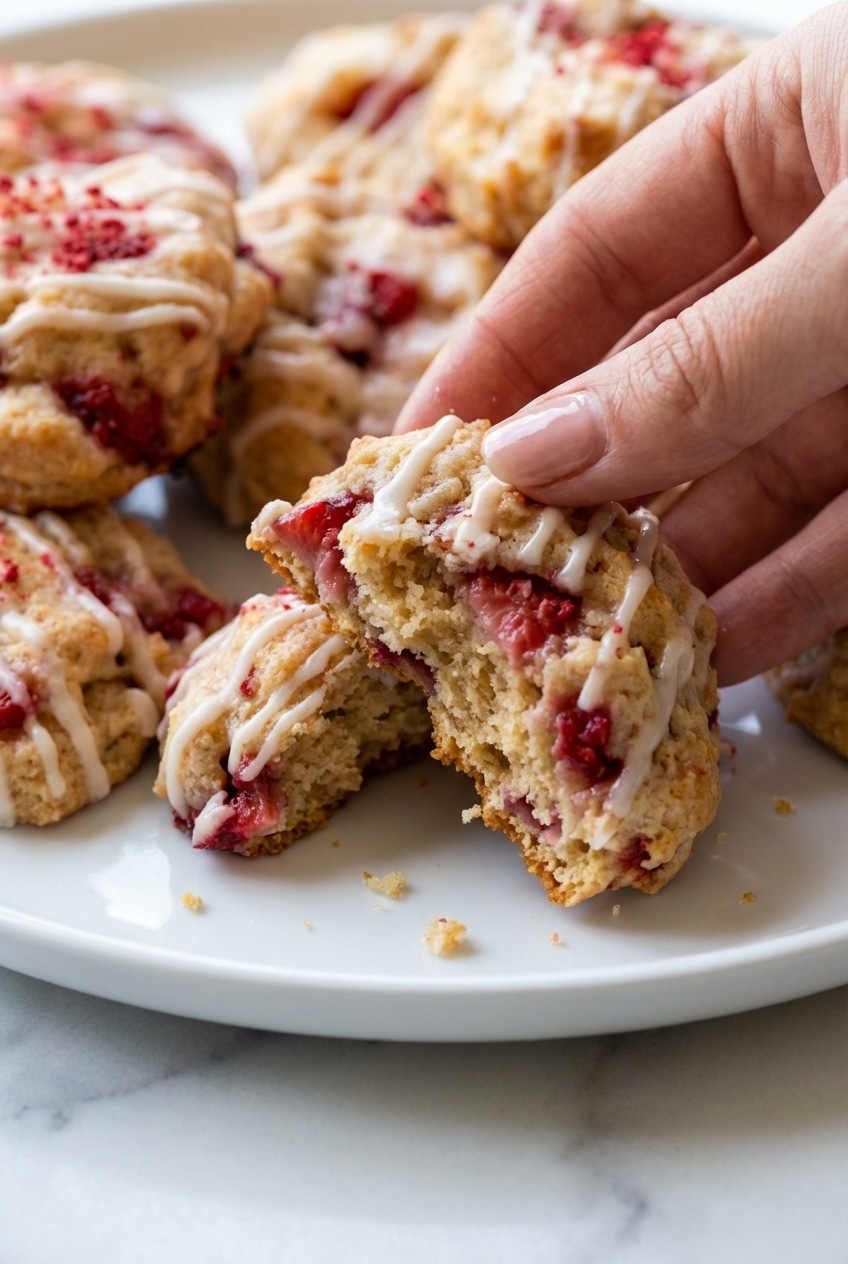 Close-up of the tender crumb and flaky texture of strawberry shortcake cookies showing the fruit-infused center.
