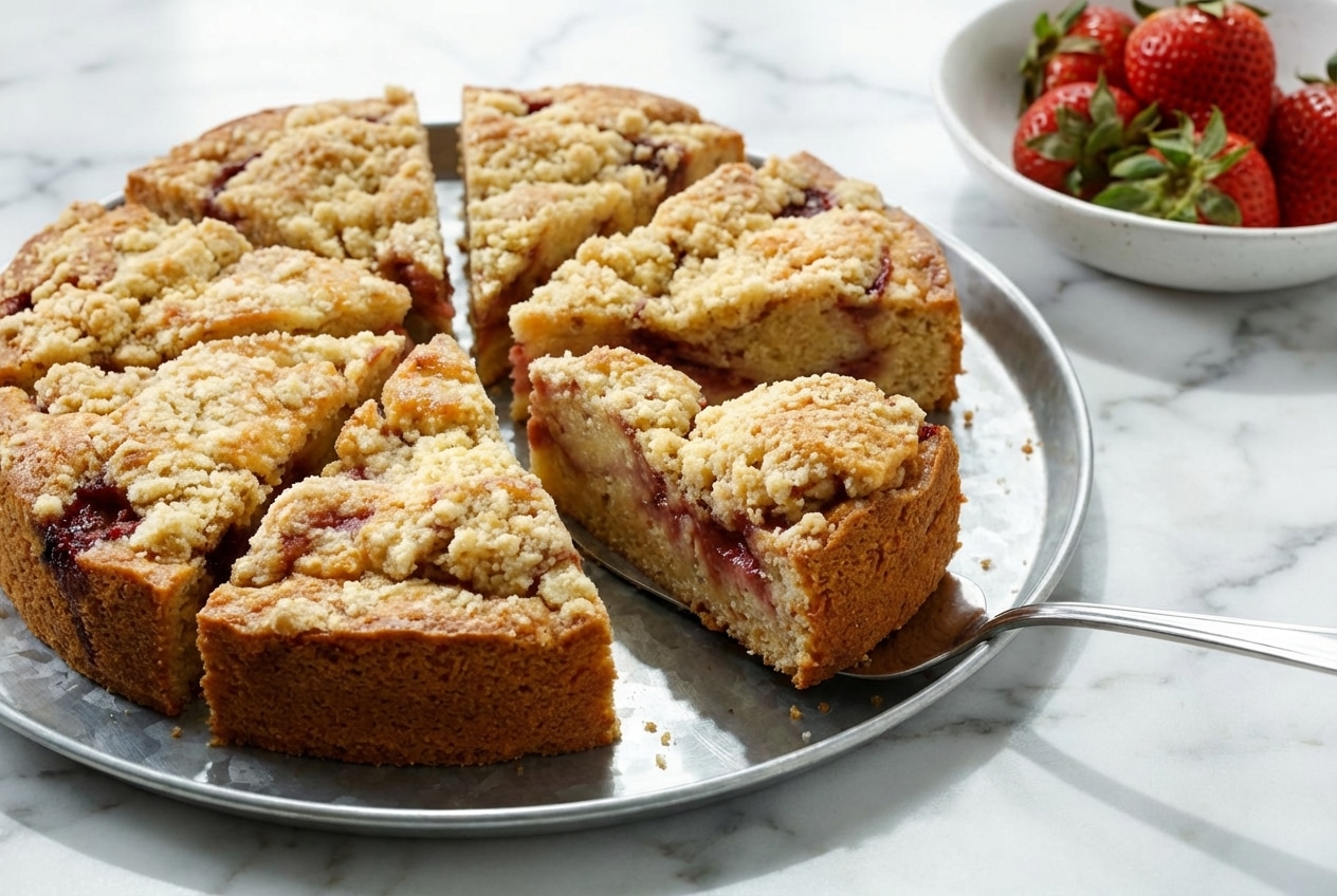 Slice of strawberry sour cream cake showing a deep red roasted strawberry and balsamic reduction swirl.