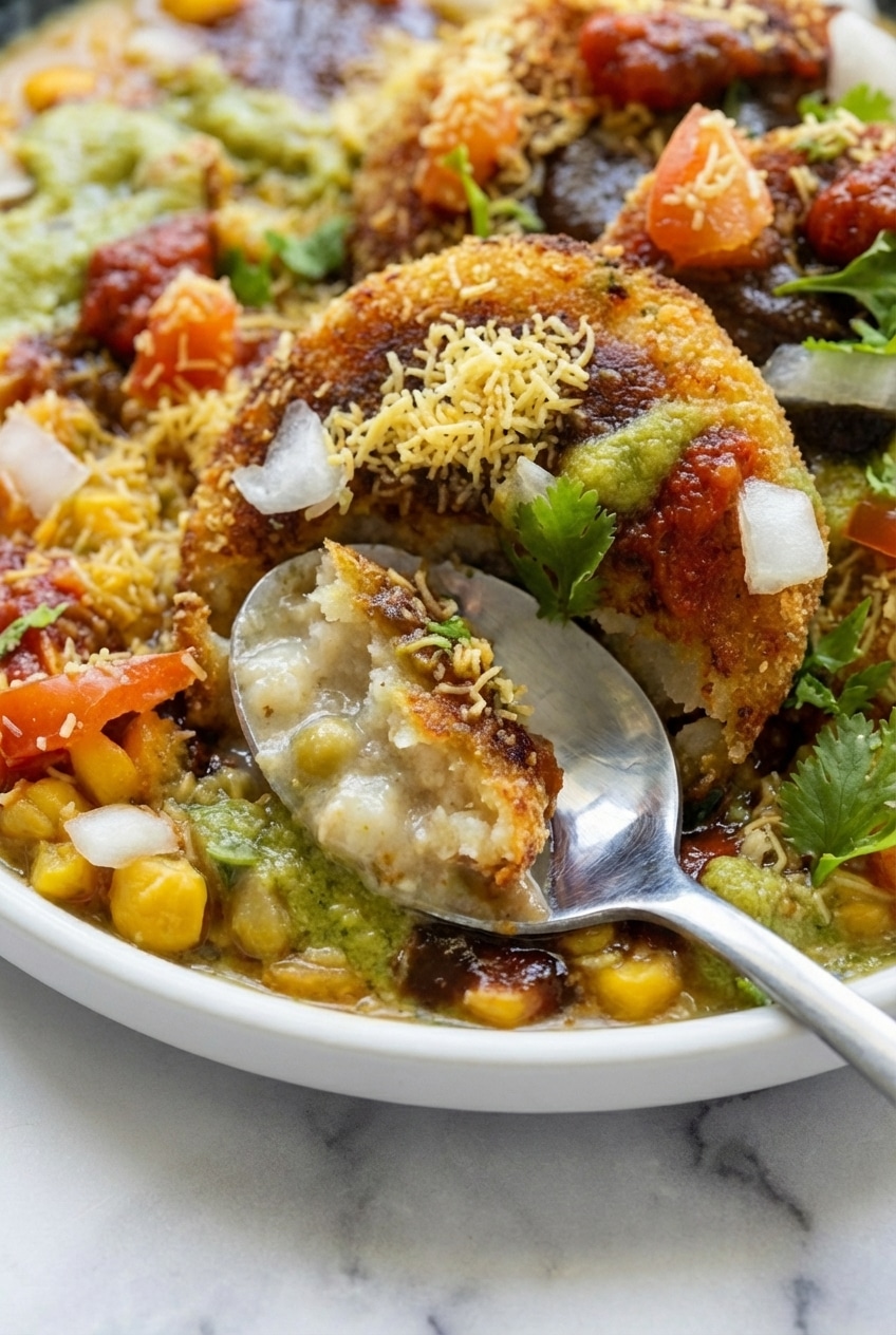 A plate of ragda patties recipe garnished with tamarind chutney, green chutney, and fine nylon sev.