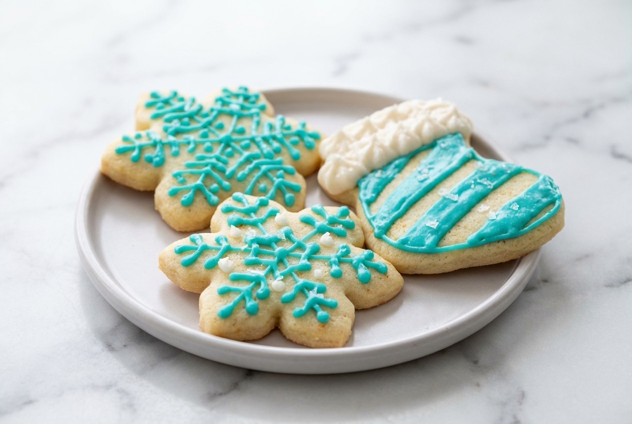 Creamy sugar cookie frosting recipe with a rich brown butter and salt infusion swirl on a baked cookie.