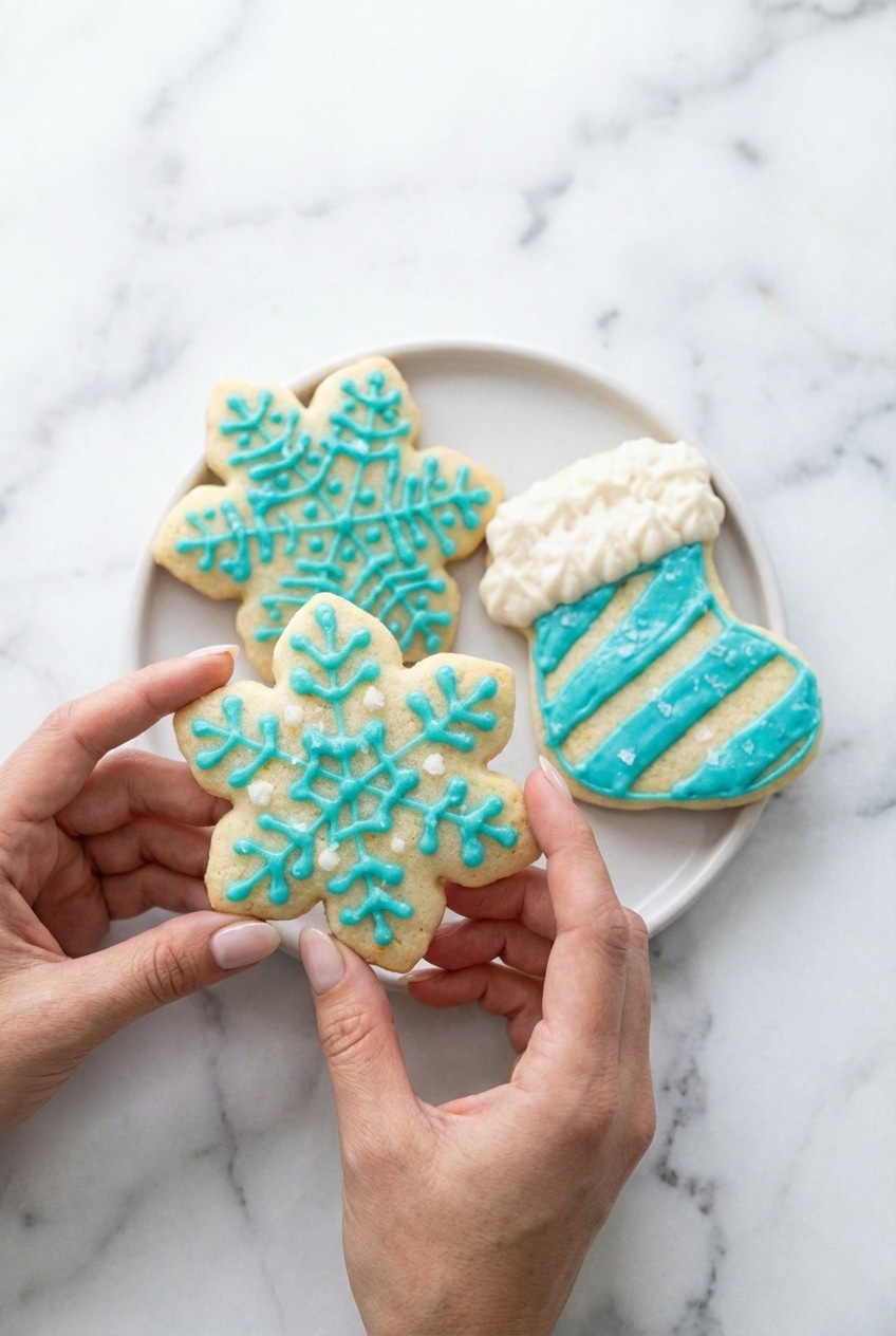 A piping bag filled with sugar cookie frosting recipe ready for decorating holiday cookies.