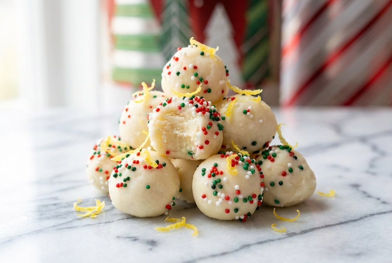Golden white chocolate coated sugar cookie truffles topped with fresh lemon zest on a serving plate