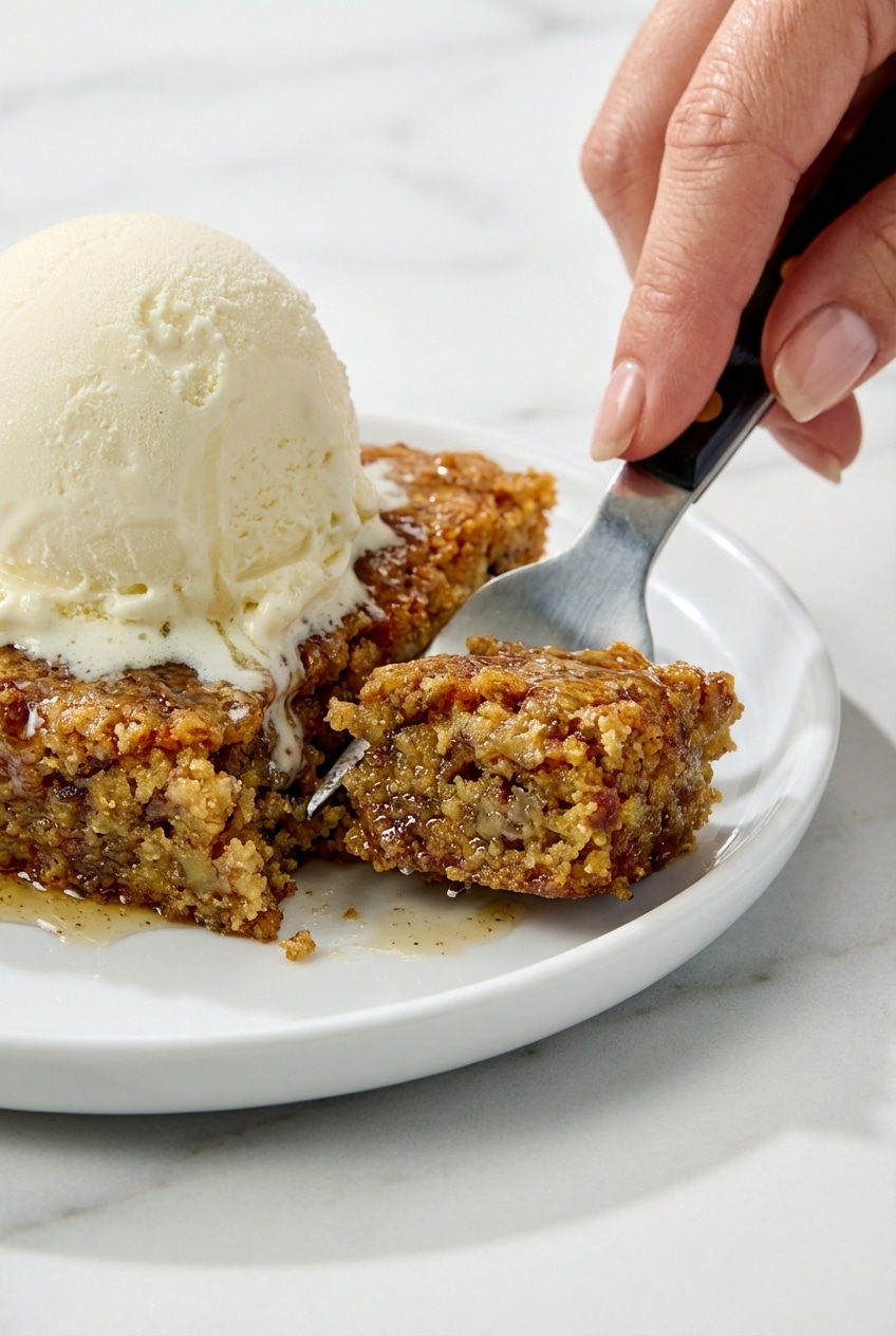 Close-up of the dense blondie texture and caramelized edges of sweet Alabama pecan bread in a baking dish.