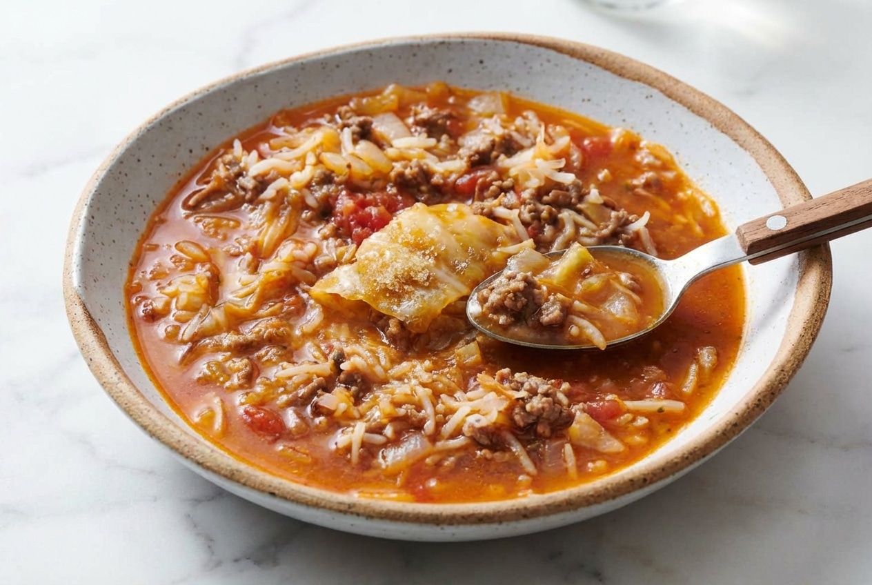 Hearty bowl of cabbage roll soup with a sweet-and-sour sauerkraut and brown sugar broth.
