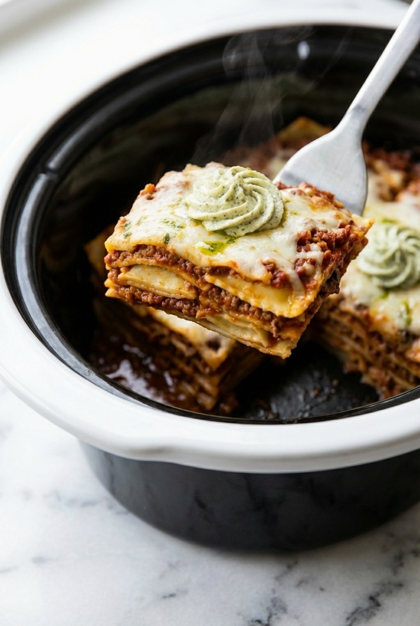 A close-up shot showing the tender layers of the crockpot ravioli lasagna, with gooey mozzarella cheese and rich marinara sauce.