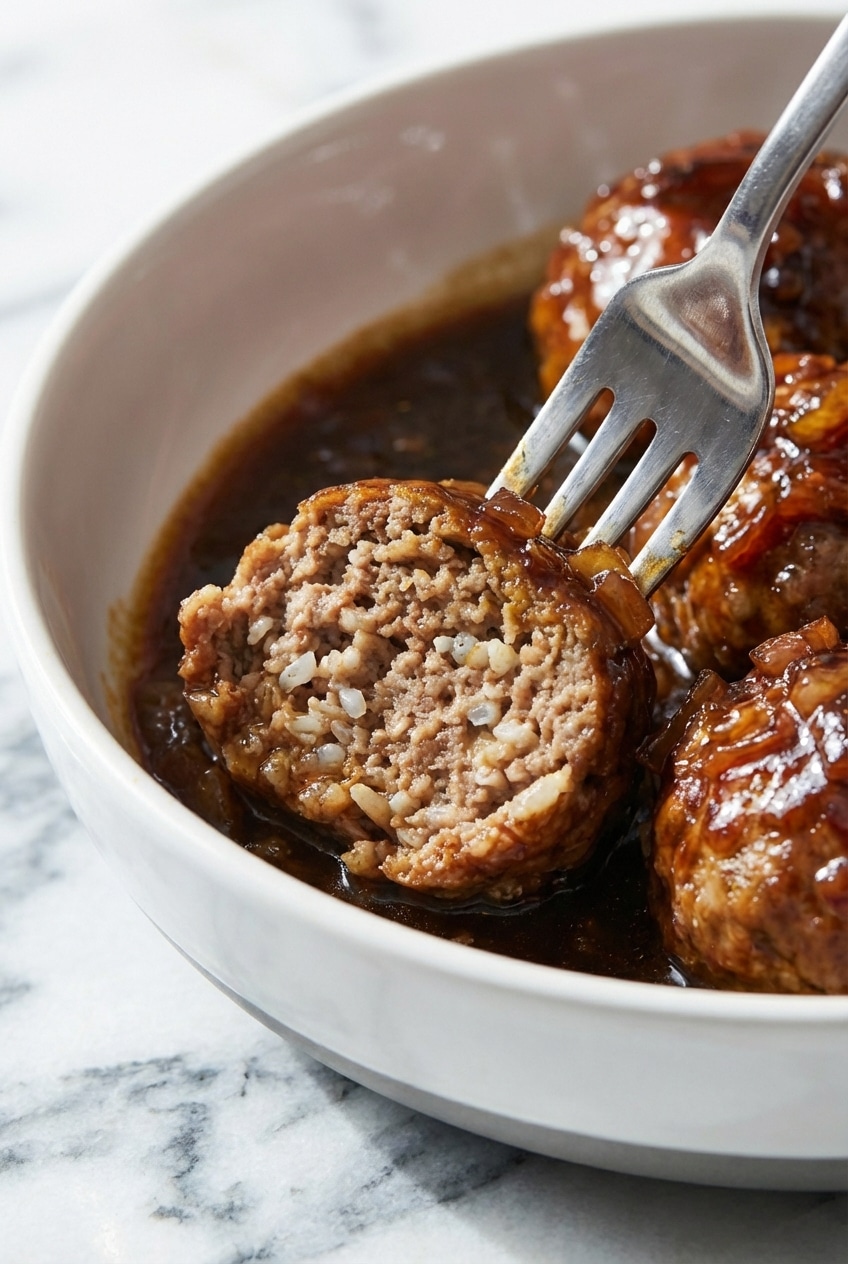 Close-up texture of a cooked porcupine meatball showing tender long grain white rice grains integrated with the beef
