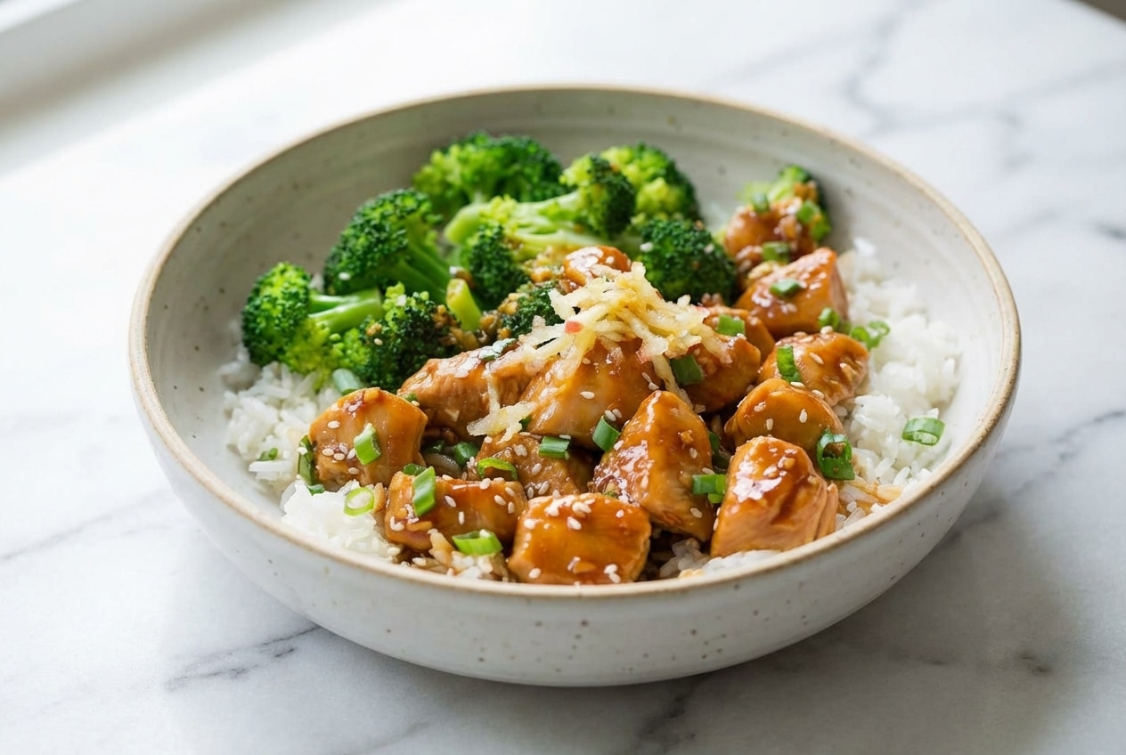 Glazed teriyaki chicken pieces softened with a grated Fuji apple tenderizer on a white plate.