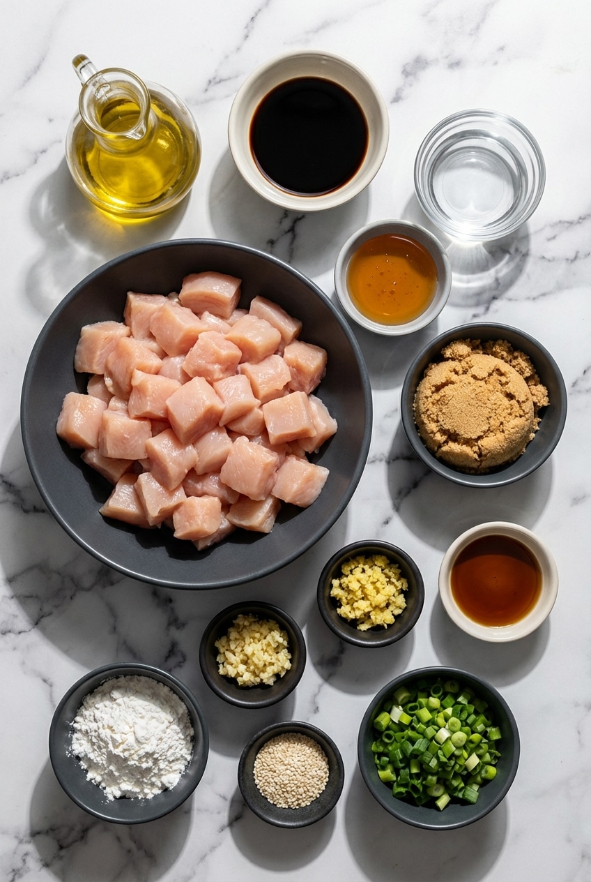 Flat lay of raw chicken, Fuji apple, soy sauce, mirin, and toasted sesame oil for teriyaki chicken.
