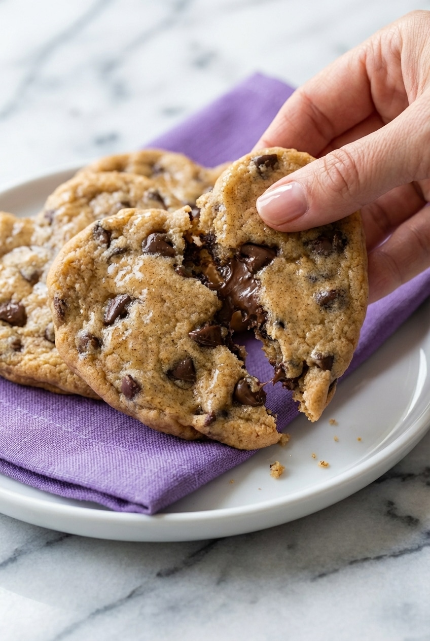 Close-up of Heart Shaped Chocolate Chip Cookies showing the gooey melted chocolate and tender, buttery texture.