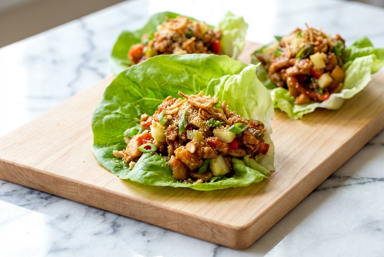Platter of Thai Chicken Lettuce Wraps topped with crispy fried shallots and toasted rice powder on fresh butter lettuce leaves