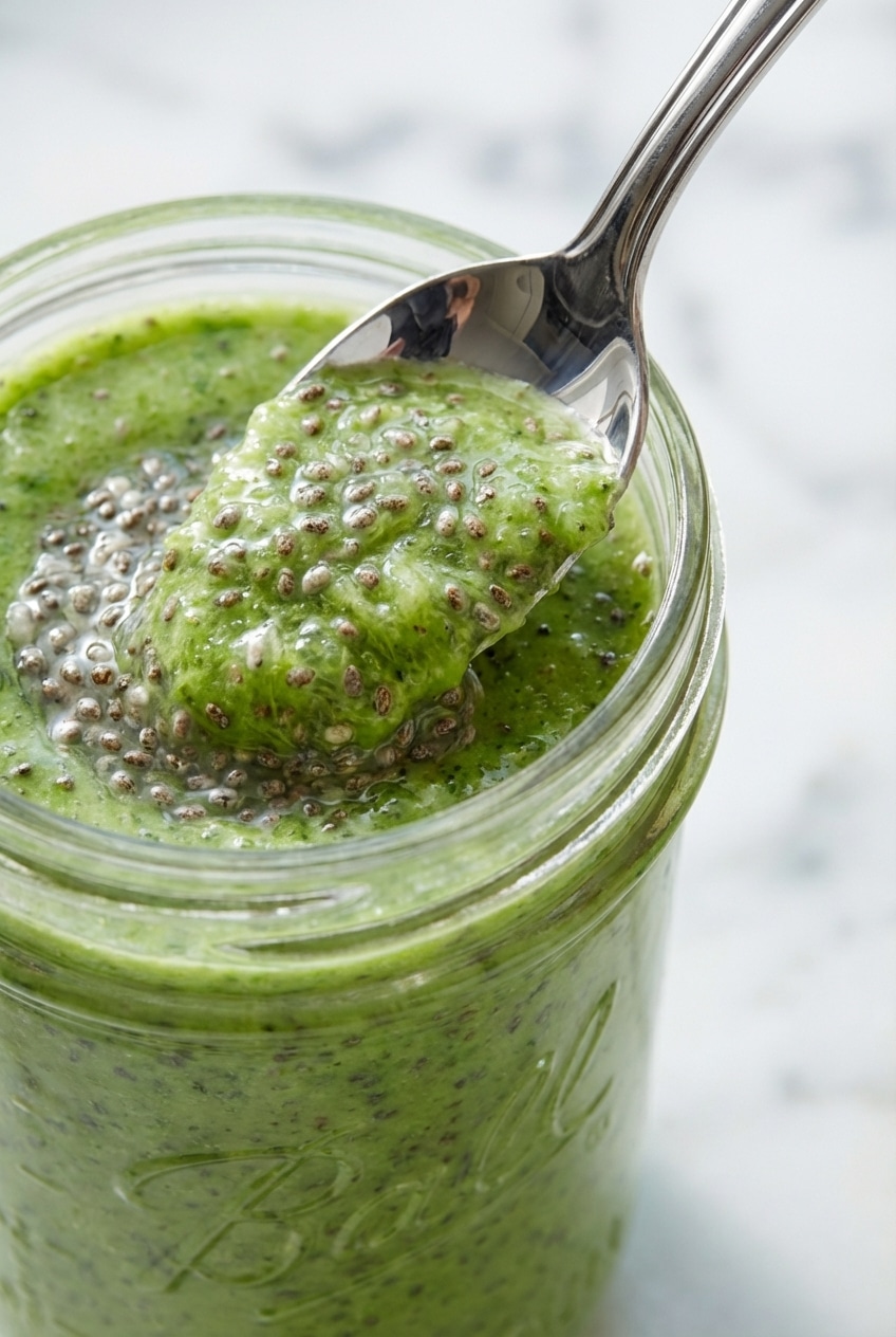 Close-up of the thick, creamy consistency in green smoothie recipes for weight loss showing suspended chia seeds.