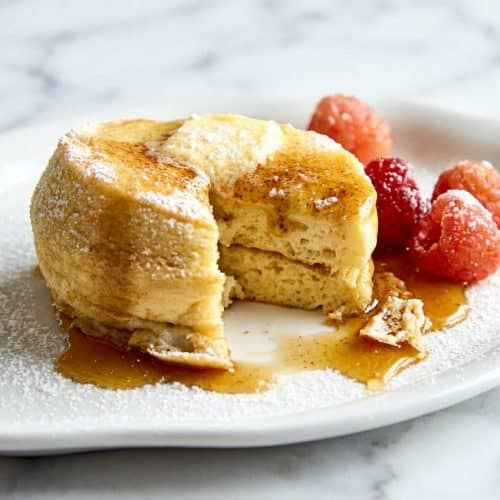 Tall Japanese Soufflé Pancakes stacked high, featuring a golden exterior from nutty toasted brown butter milk infusion.
