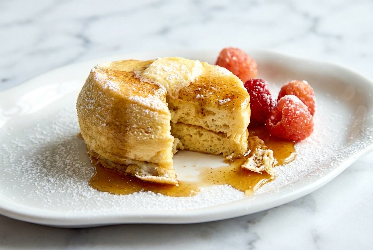 Tall Japanese Soufflé Pancakes stacked high, featuring a golden exterior from nutty toasted brown butter milk infusion.