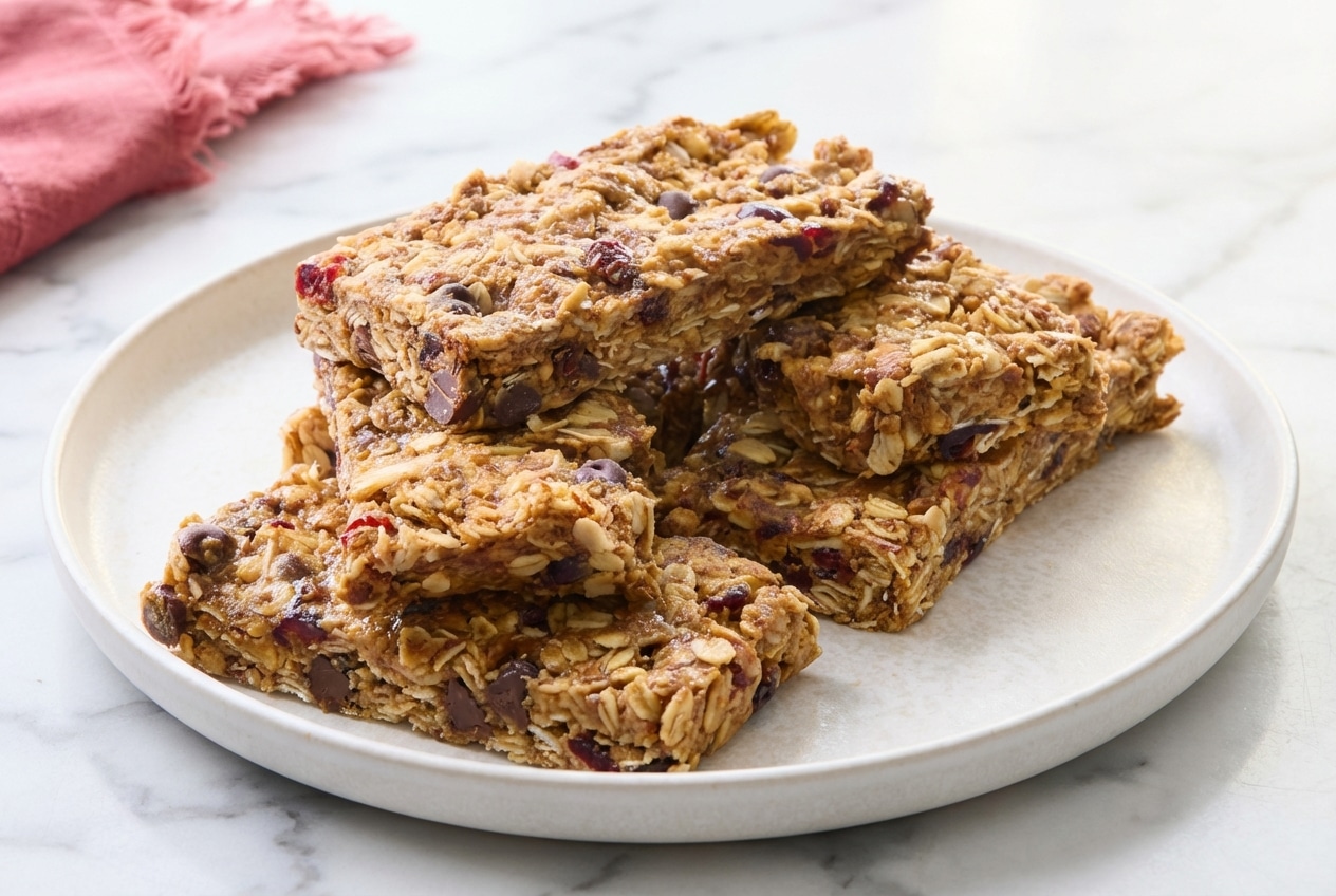 Stacked no bake granola bars showing golden toasted oats, mini chocolate chips, and a rich brown butter glaze.