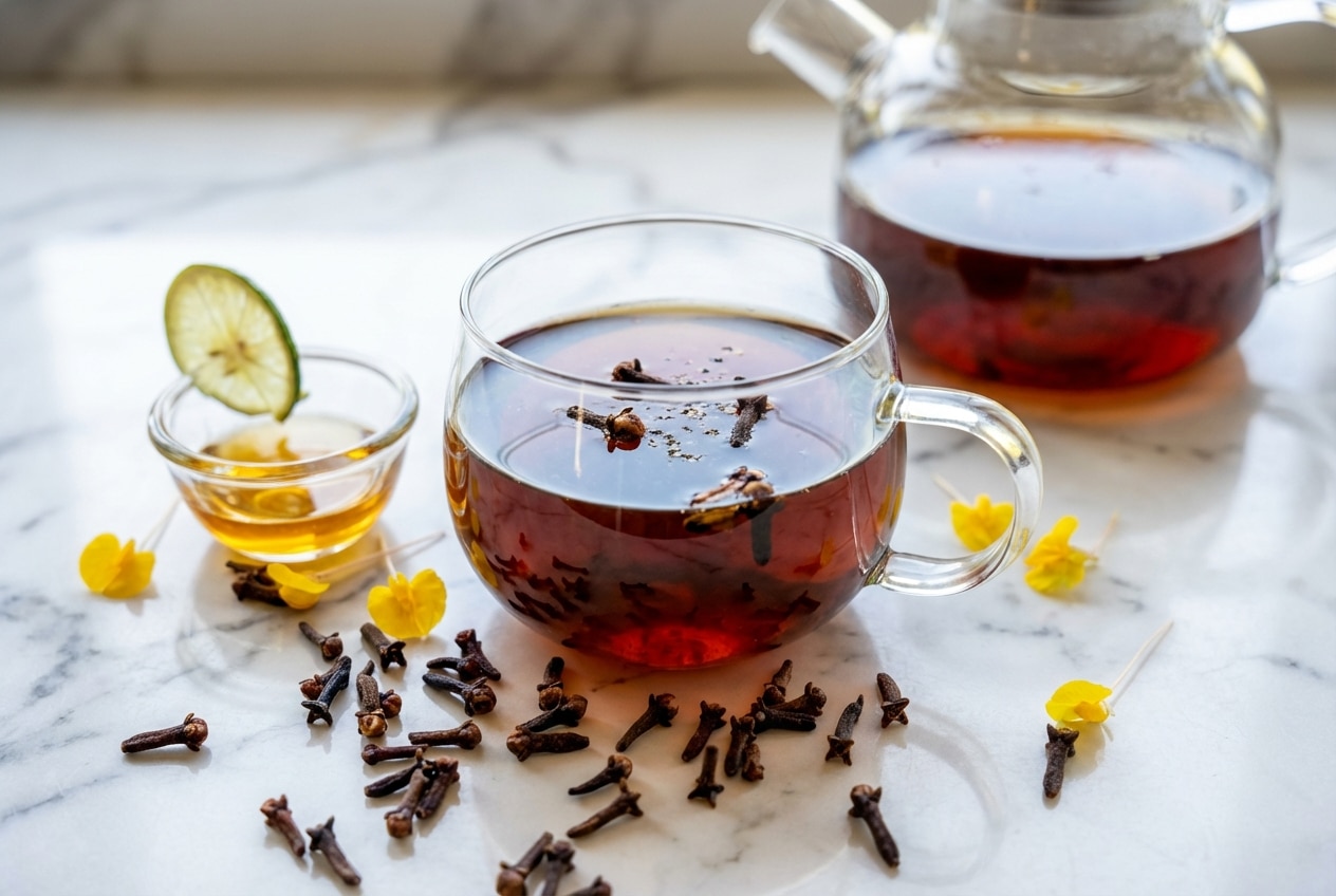 Steaming cup of clove tea recipe made with toasted whole cloves and a tiny pinch of black pepper.