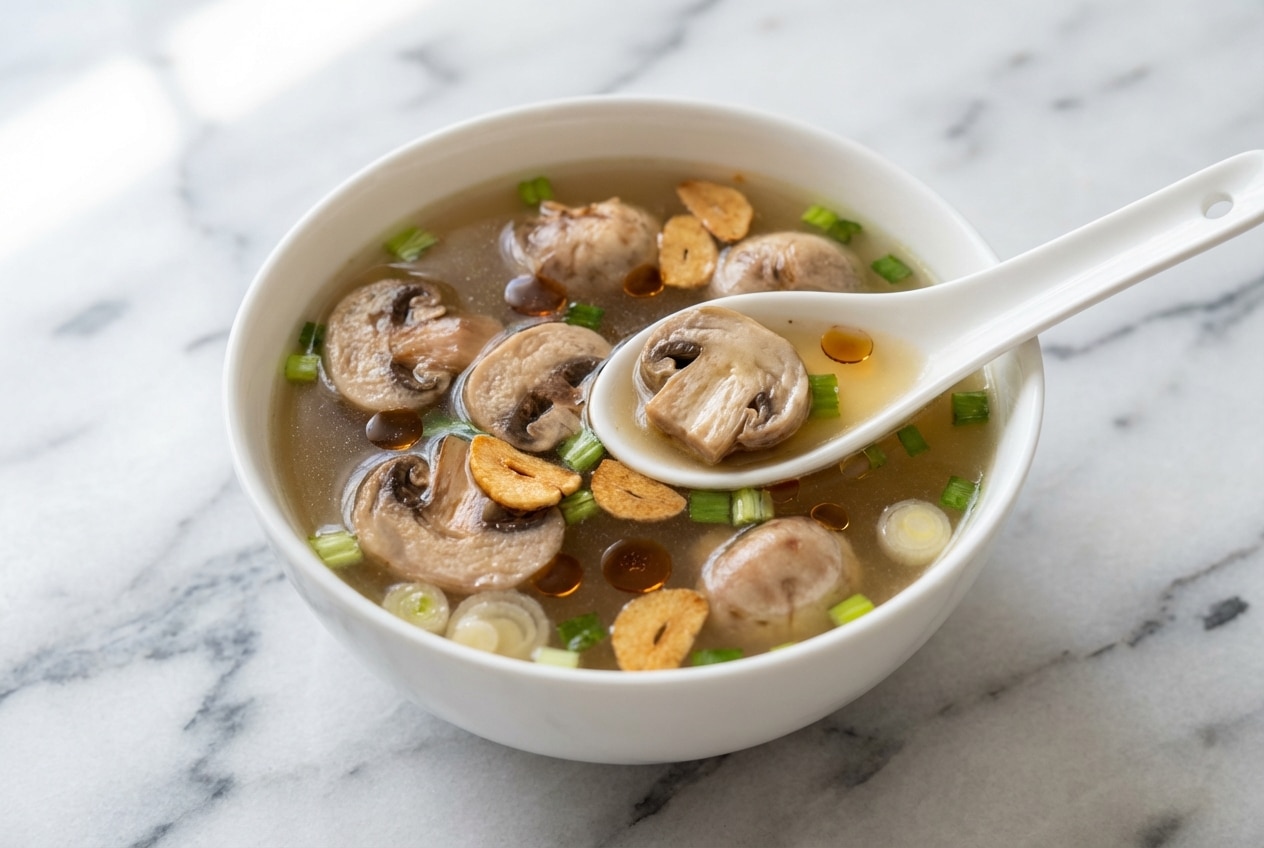 Bowl of Japanese clear soup with sliced mushrooms and scallions, showcasing a deep golden toasted umami infusion.