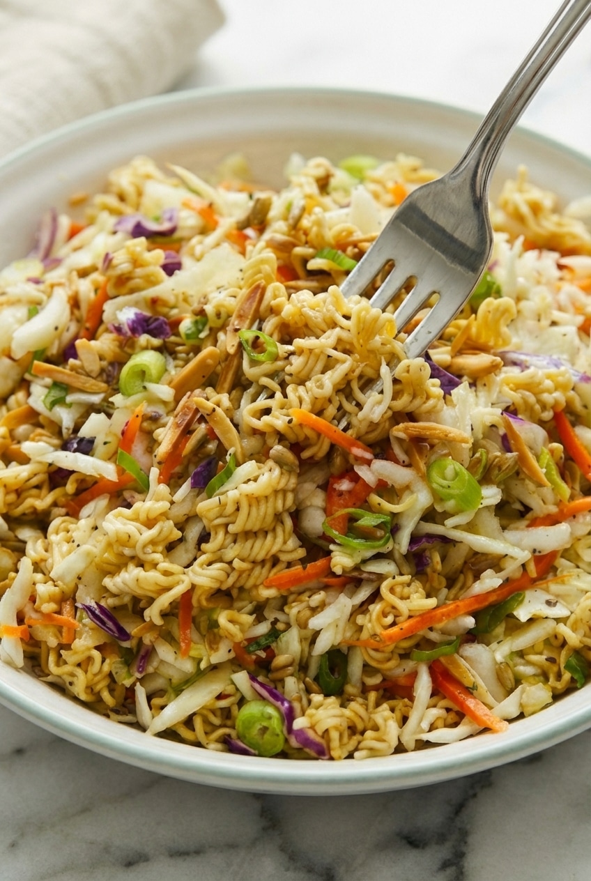 Close-up of toasted ramen noodle salad showing the golden Maillard reaction on noodles and slivered almonds.