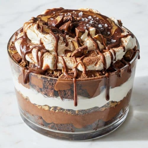 Triple chocolate trifle in a glass bowl featuring espresso-infused salted ganache layers and whipped cream.