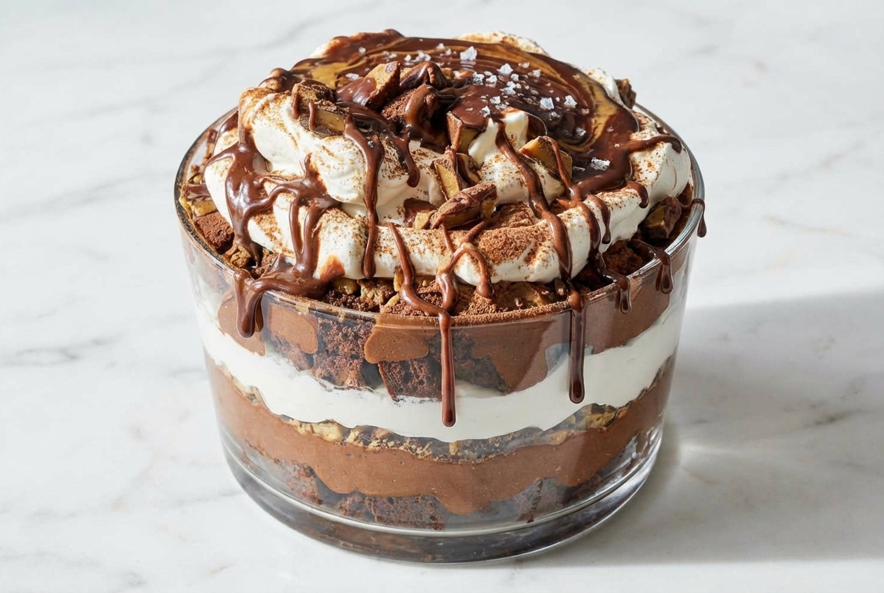 Triple chocolate trifle in a glass bowl featuring espresso-infused salted ganache layers and whipped cream.