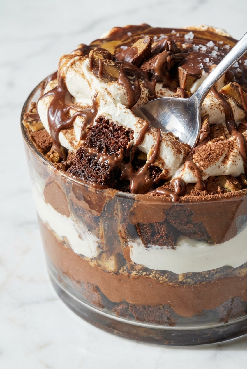 Detailed side view of a triple chocolate trifle showing clean layers of brownie batter and whipped cream.