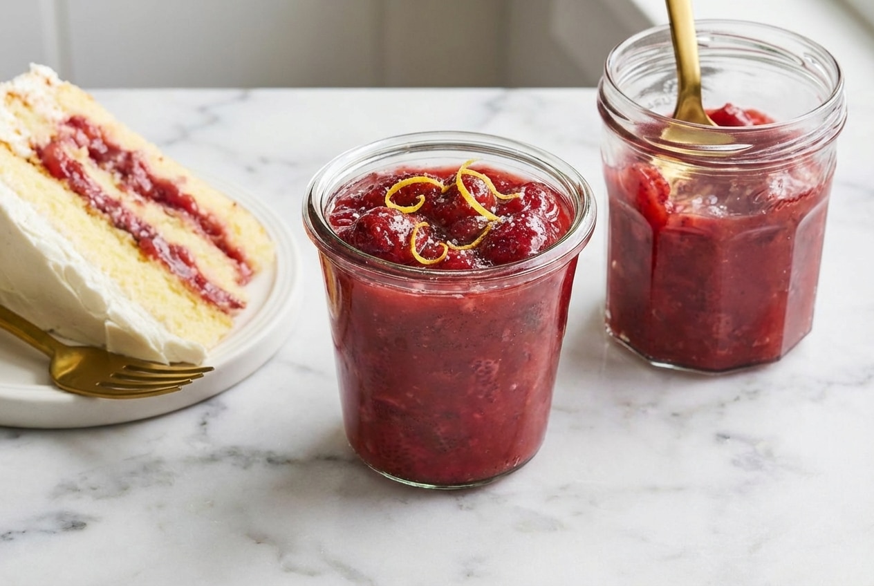 Glossy strawberry cake filling flecked with vanilla bean paste and fresh lemon zest for a triple-threat flavor boost.