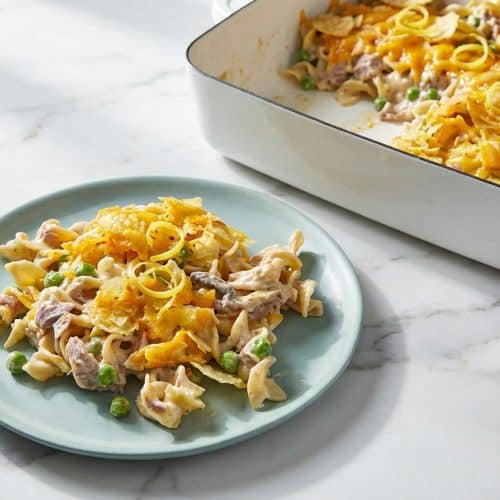 Golden tuna noodle casserole with a crispy panko topping and a zesty Dijon lemon cream sauce.