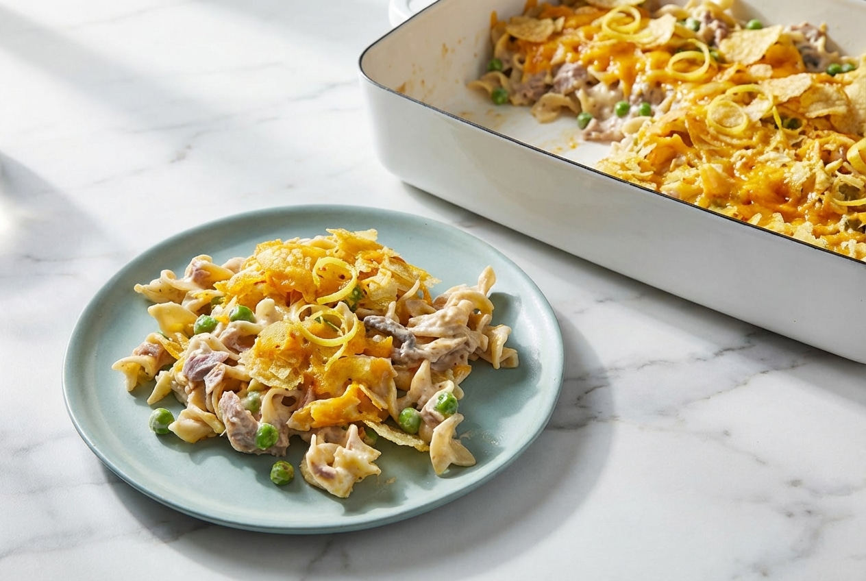 Golden tuna noodle casserole with a crispy panko topping and a zesty Dijon lemon cream sauce.